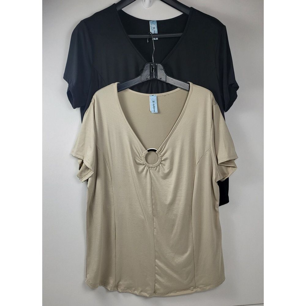 2 Women 3X  M. FASIS Short Sleeve O Ring Neckline Black & Taupe Pullover Blouses